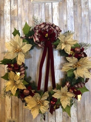 32\" Wreath with Gold Glitter Poinsettias