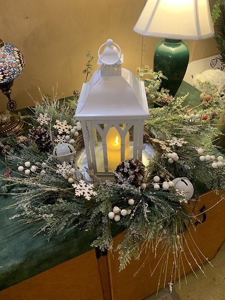 White Lantern large with pinecones/ bells