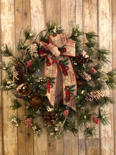 20\" wreath with rustic bells and pine cones