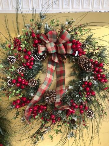 30\" Wreath with snowy pine cones and berries