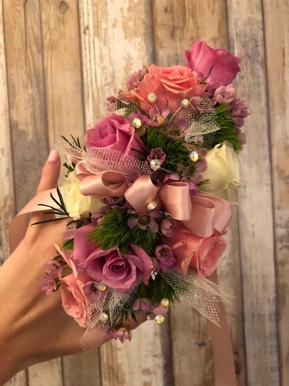 Lavender and Peach Wrist Corsage